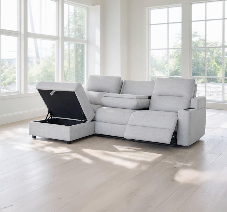 Canapé Louise avec relax électrique, coffre de rangement et porte usb