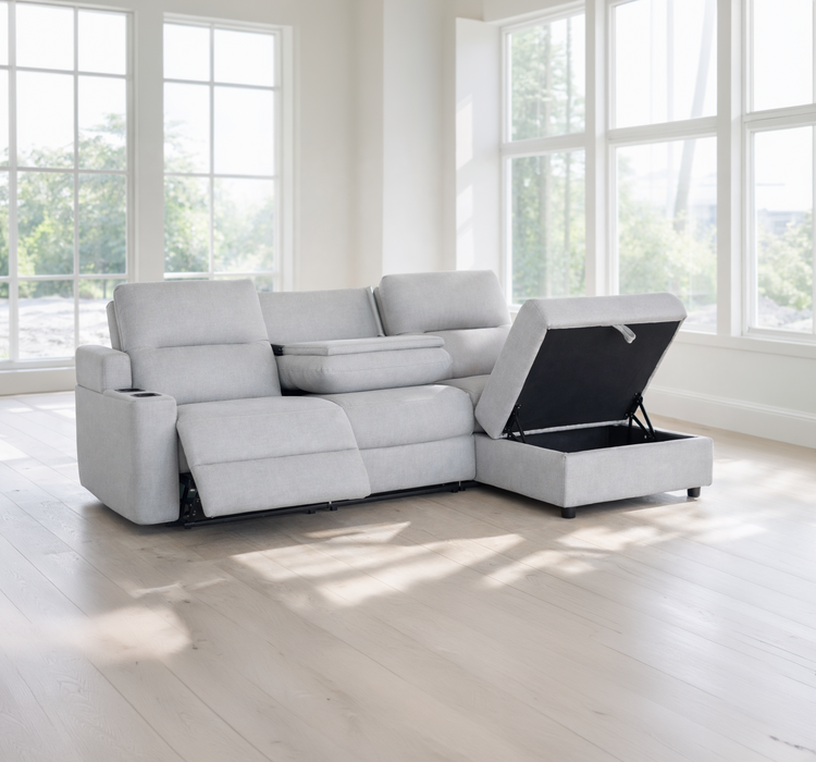 Canapé Louise avec relax électrique, coffre de rangement et porte usb